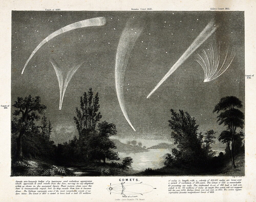 Cometas célebres sobre un paisaje nocturno, James Reynolds, 1860