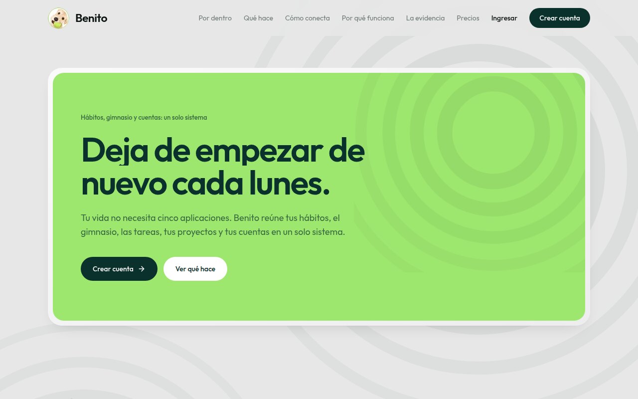 Landing de Benito — Deja de empezar de nuevo cada lunes