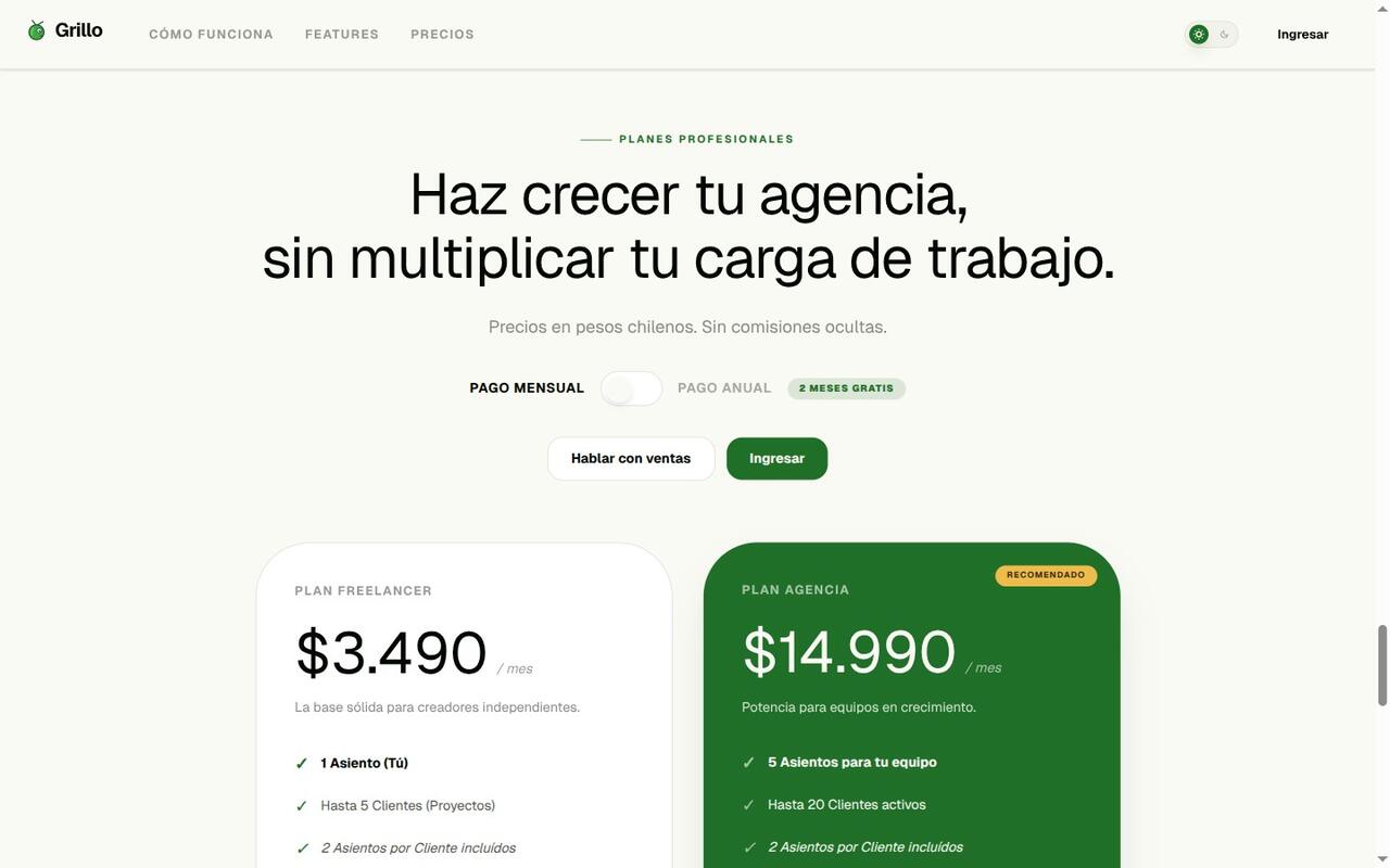 Planes de Grillo para freelancers y agencias